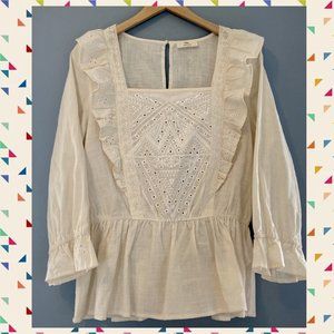 Hummingbird Eyelet Embroidered Ruffle Cotton Peplum Top  Size Medium